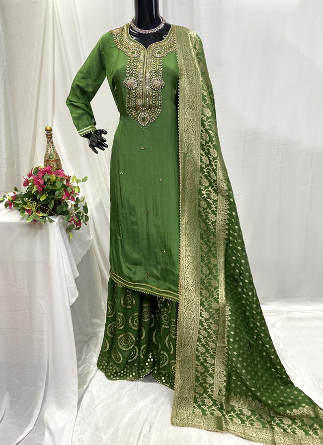 Uppda Silk Green Traditional Wear Stone Work Readymade Sharara Suit